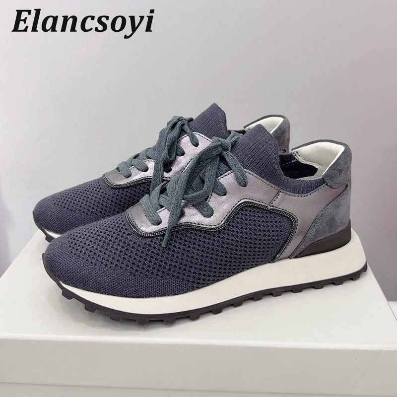 Knit Fabric Lace Up Sneakers - รองเท้าผ้าใบผู้หญิงแบบสวม ตกแต่งด้วยลูกปัดถัก ระบายอากาศได้ดี หัวกลม แบบผสมผสาน สไตล์ลำลอง