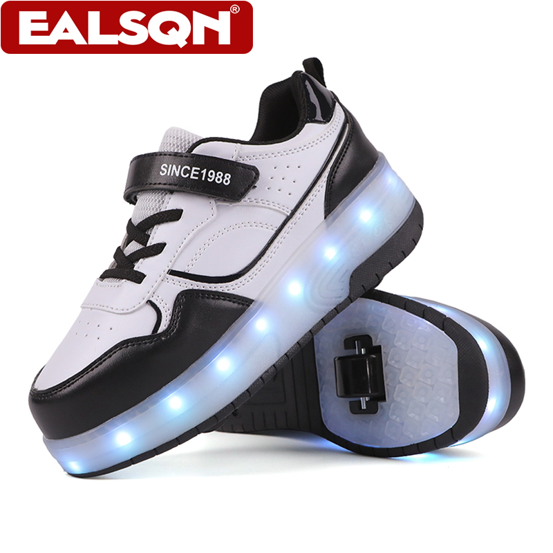 Running Shoes - รองเท้าสเก็ตล้อ LED สำหรับเด็ก ดีไซน์ล้อคู่ พร้อมสายรัดเวลโคร รองเท้าสเก็ตสำหรับเด็กผู้ชายและเด็กผู้หญิง